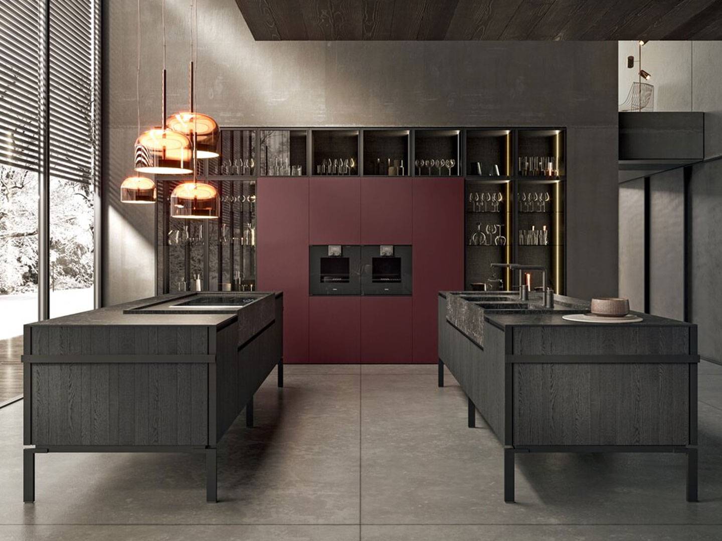 Binova Küche mit dunkler Insel vor roter Wandnische