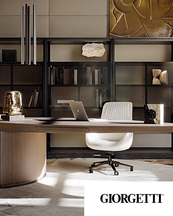 Giorgetti Home-Office mit Schreibtisch, Drehstuhl und Regalwand