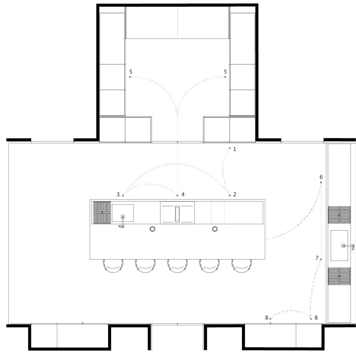 Grundriss einer modernen Küchenplanung mit Kochinsel